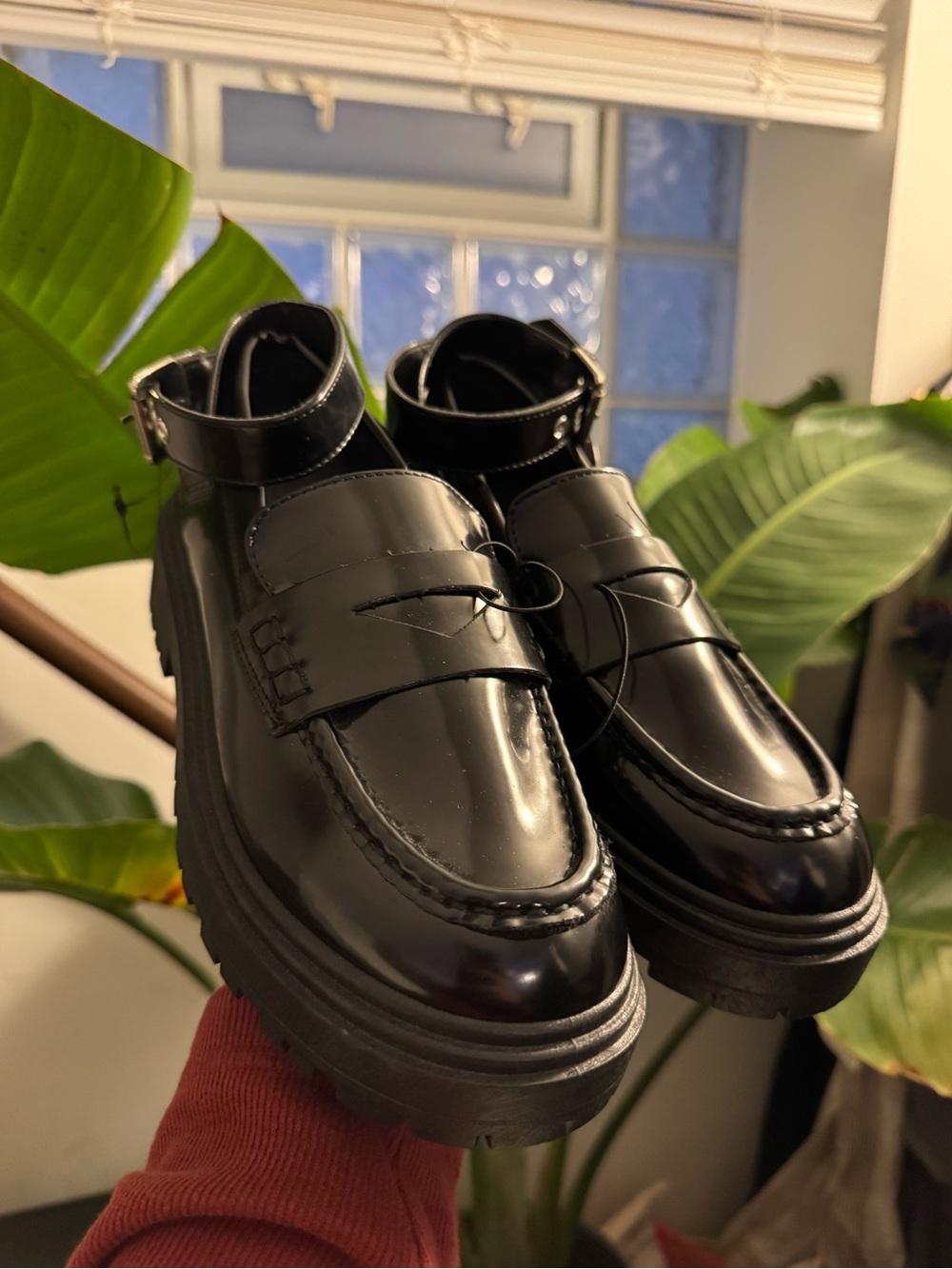 Forever 21 Black Patent Platform Penny Loafers with Ankle Strap